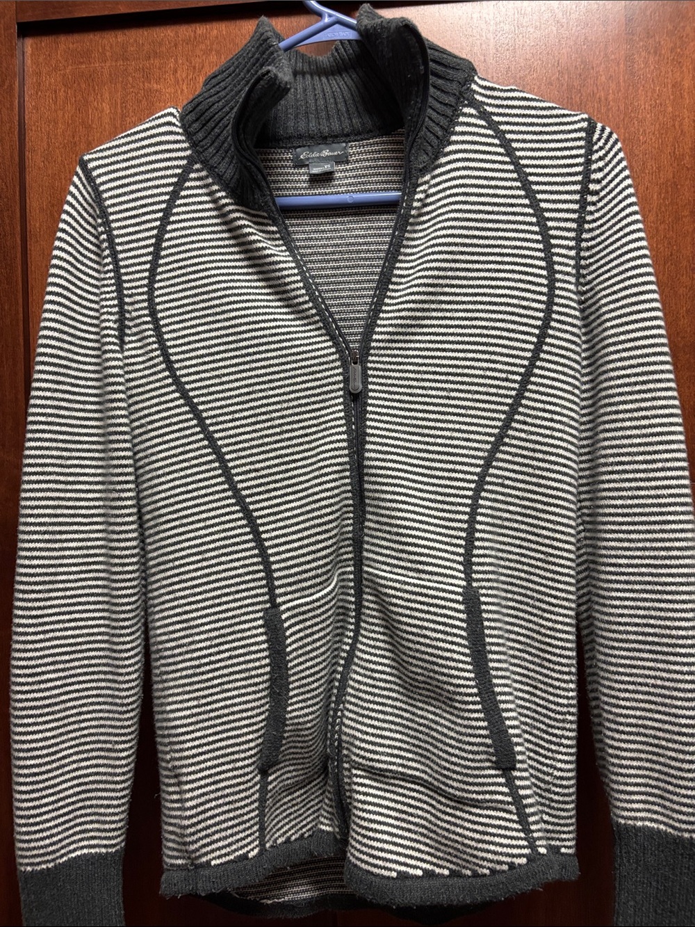 Eddie Bauer gray and White Striped Zip Front Cardigan small